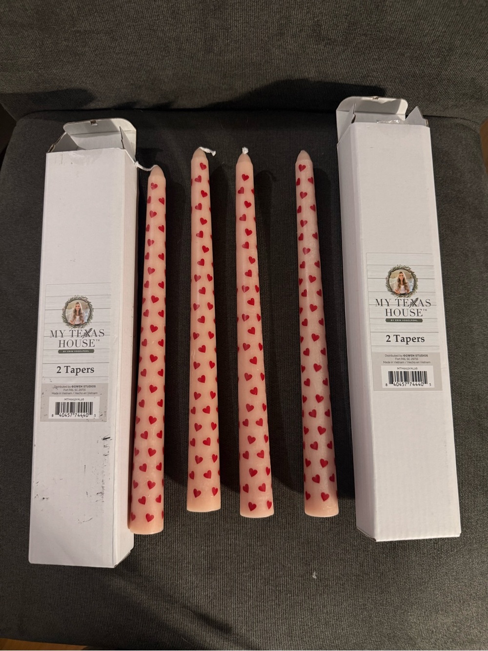 My Texas House Pink Taper Candles with Red Heart Motif - Set of 2 (Pair)